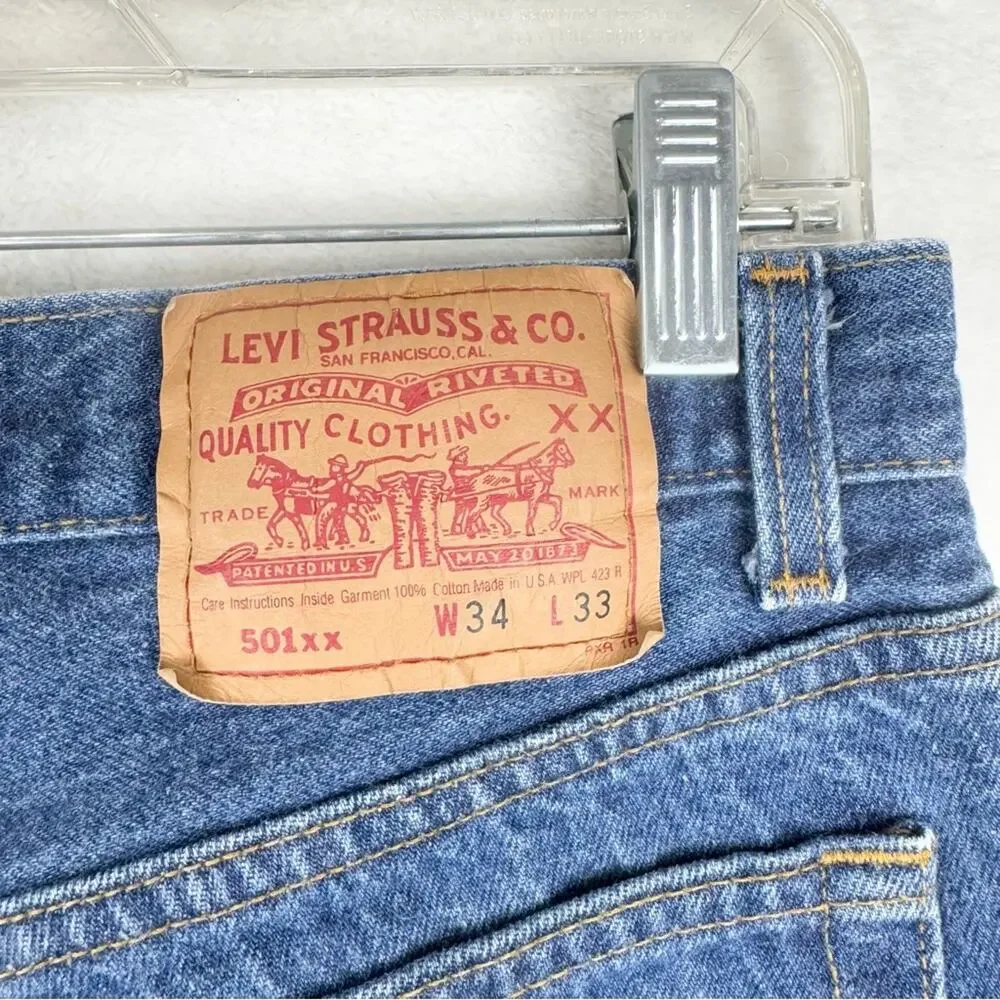 Vintage 80's Levi's 501xx‎ Button Fly Dark Wash Slight Distress Rigid Size 34x33